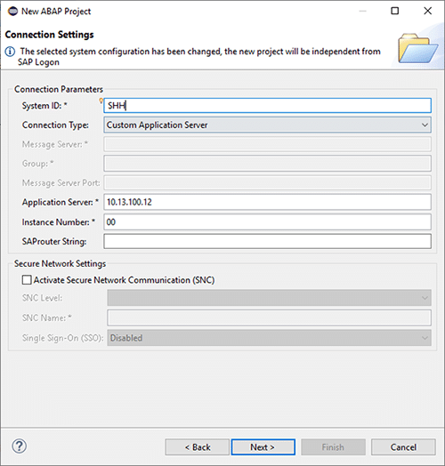 Détails de la création d'un projet ABAP