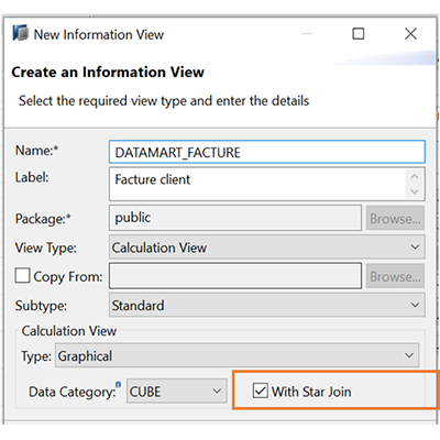 Schéma représentant un Star Join SAP HANA avec liens entre table de faits centrale et tables de dimensions, utilisé pour les datamarts.