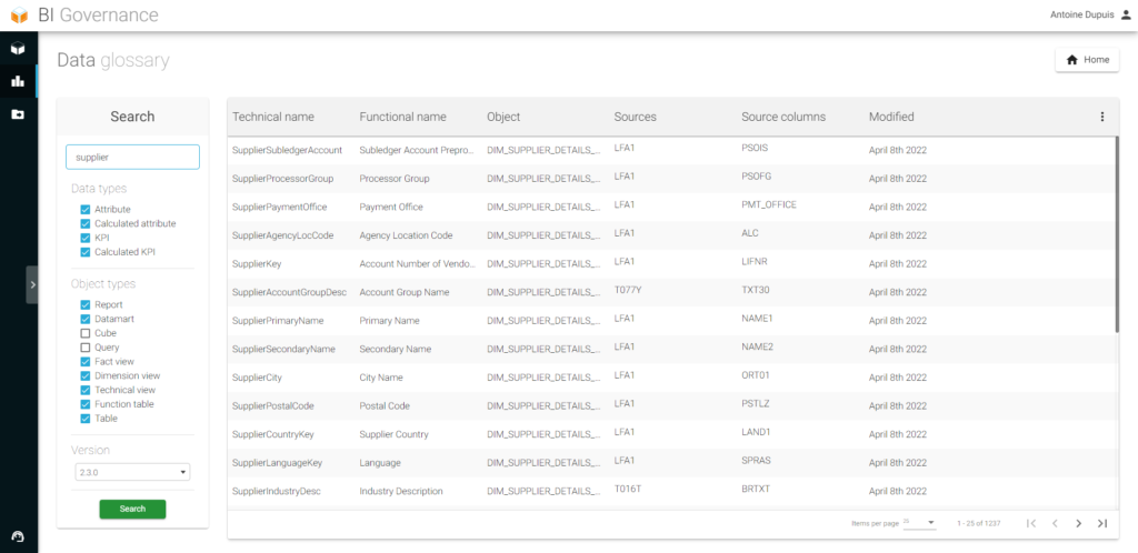 Data Glossary Feature BI Smart Repository