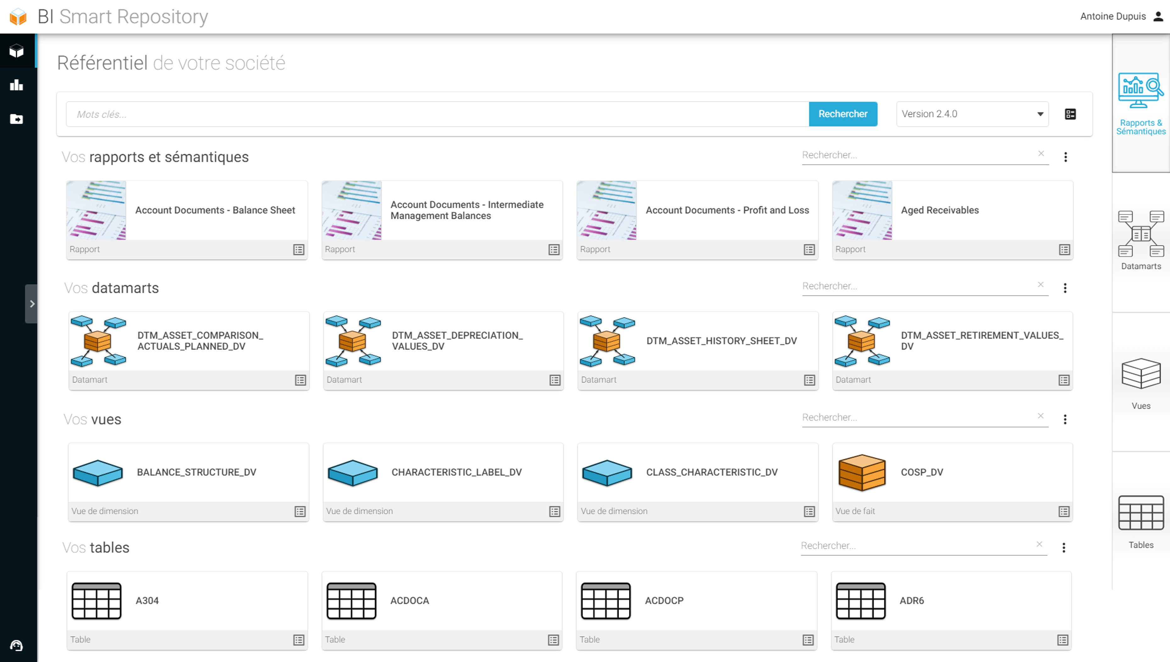 Interface en anglais du BI Smart Repository de RapidViews, outil de gouvernance et de documentation des contenus analytiques SAP.
