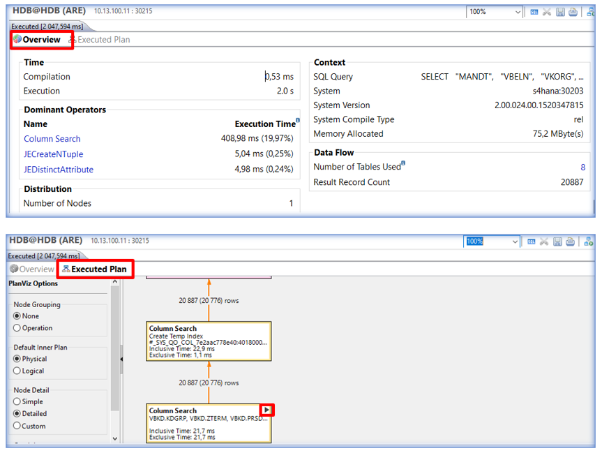 Information performances SAP HANA