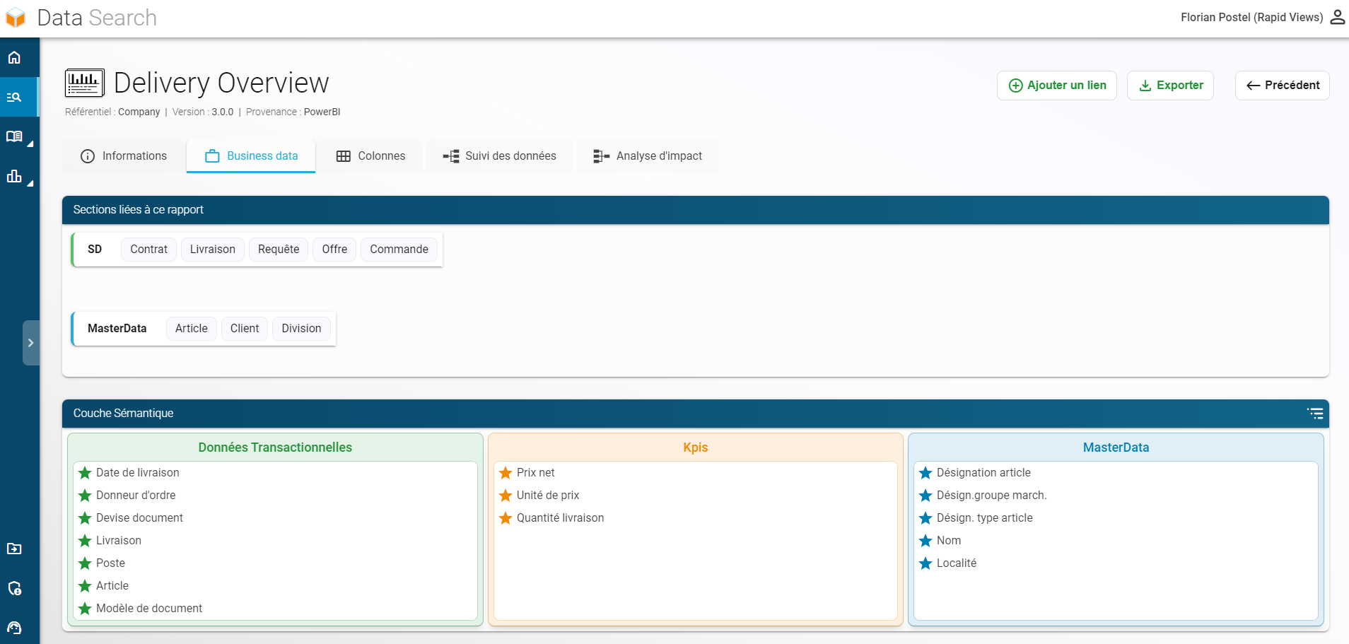 Vue d'ensemble de la recherche de données dans RapidViews avec l'onglet Business Data sélectionné