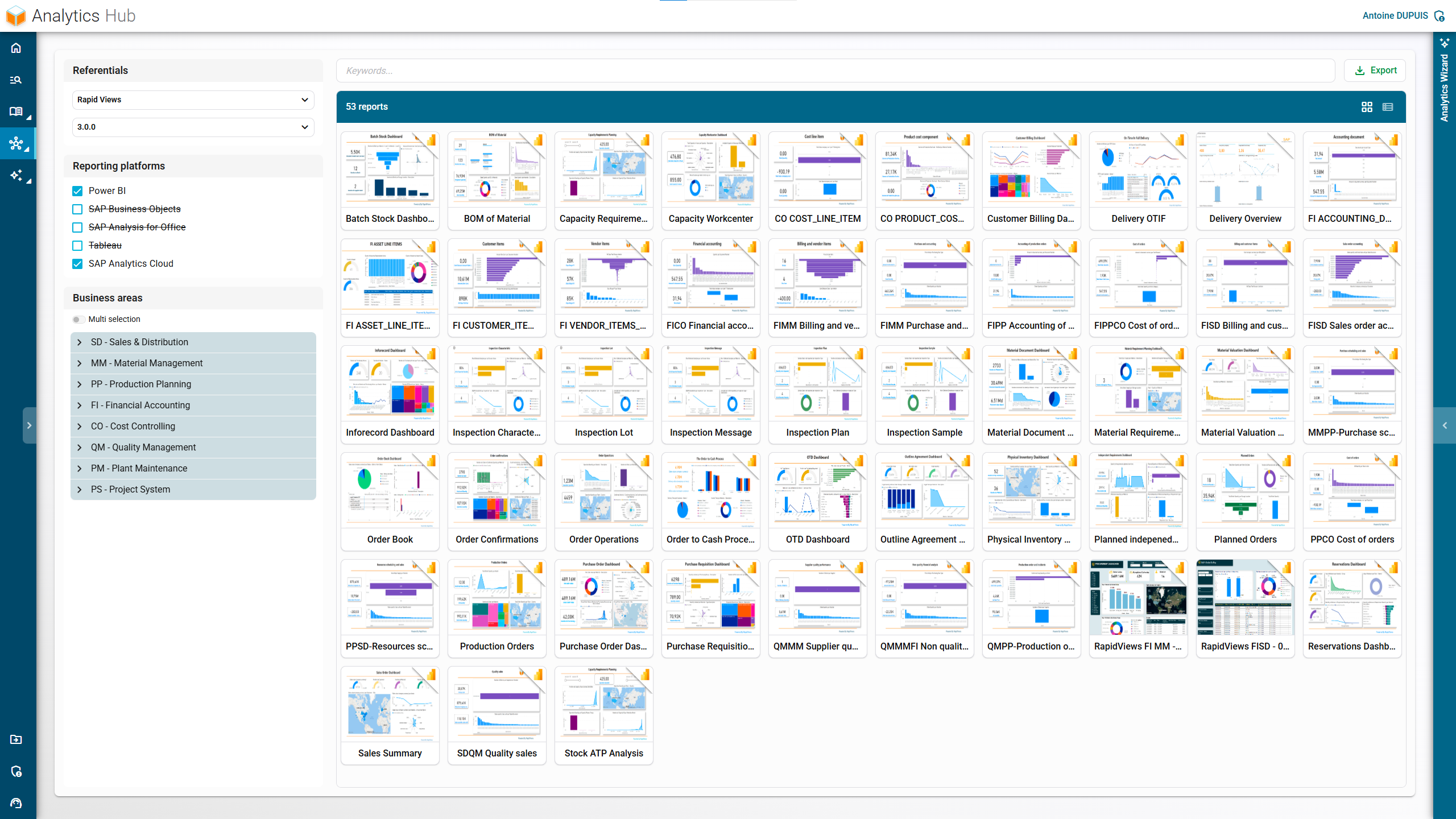 Interface of RapidViews' Analytics Hub, centralizing access to SAP analytics and reports.