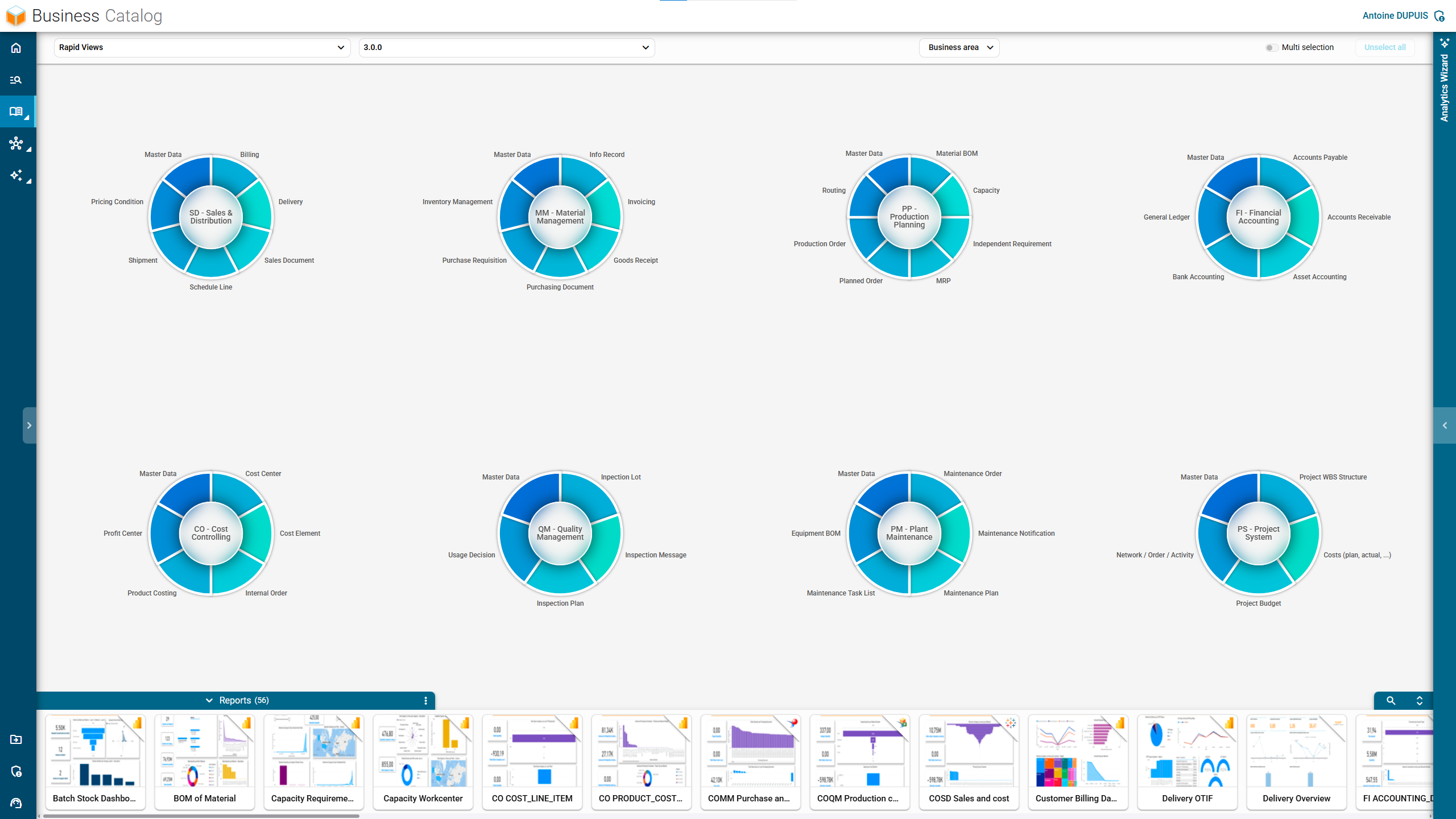 Interface of RapidViews' Business Catalog, a centralized repository of SAP business content.