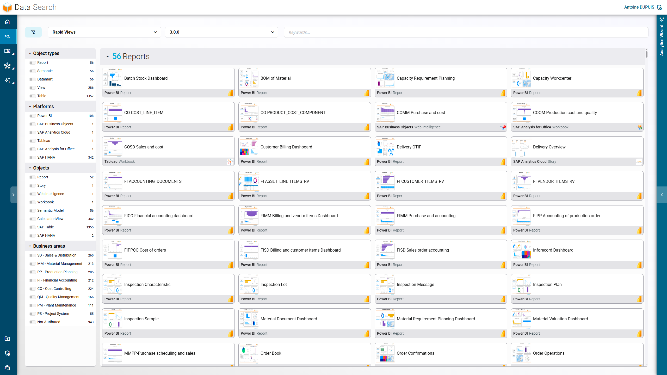Interface of RapidViews' global Data Search module for SAP, a centralized data search engine.