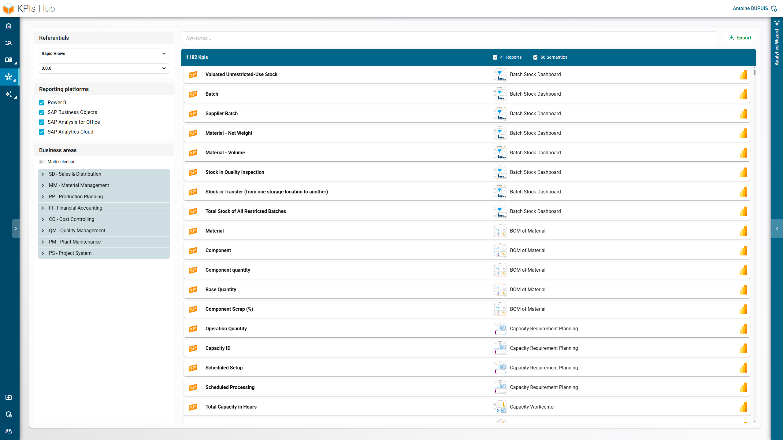 Interface of the global KPI Hub in RapidViews, providing a centralized view of SAP KPIs.