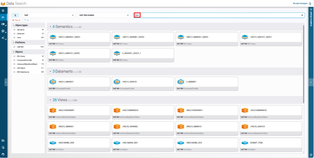 Interface illustrating a targeted search within the BW repository to locate specific objects (e.g., cubes, queries).