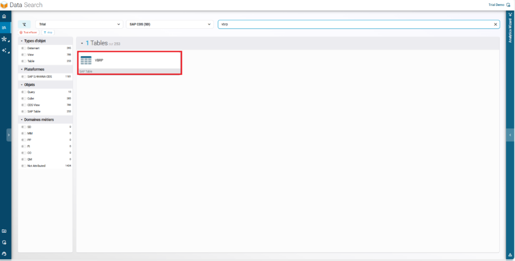 Tuile Fiori permettant la recherche de tables de données SAP – outil interactif pour l’exploration de la base.