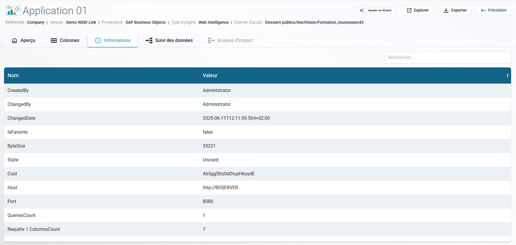 Ajout d’un onglet « Informations » affichant des métadonnées enrichies pour les rapports WEBI.