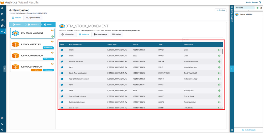 Analysis result in the Wizard displaying the corresponding CDS View with its functional details.