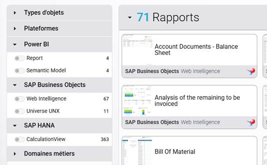 Capture d’écran montrant le regroupement des filtres par connecteur dans BI Smart Repository 6.2 pour une meilleure lisibilité.