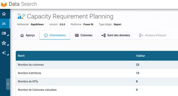 Capture d’écran affichant le nouvel onglet Informations avec le nombre de colonnes, attributs et KPIs dans BI Smart Repository 6.2.