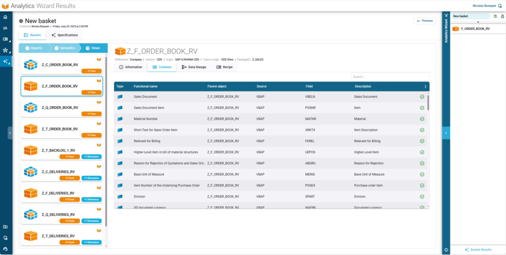 Wizard result suggesting the equivalent standard CDS View Z_F_ORDER_BOOK_RV, showing the list of fields and their sources.