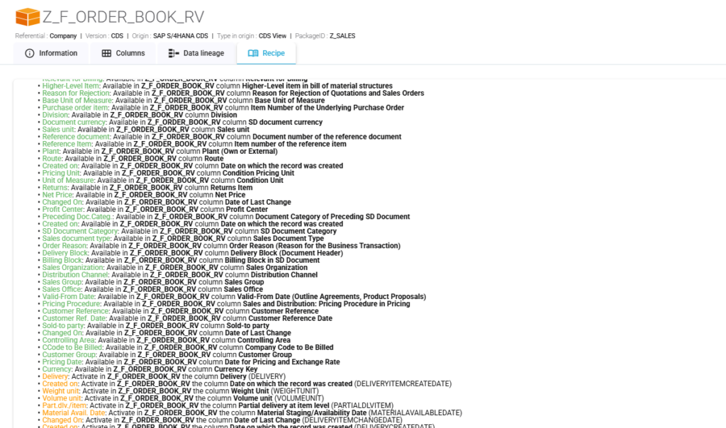 Vue détaillée de la CDS Z_F_ORDER_BOOK_RV présentant le data lineage, les champs exposés et la recette fonctionnelle complète.