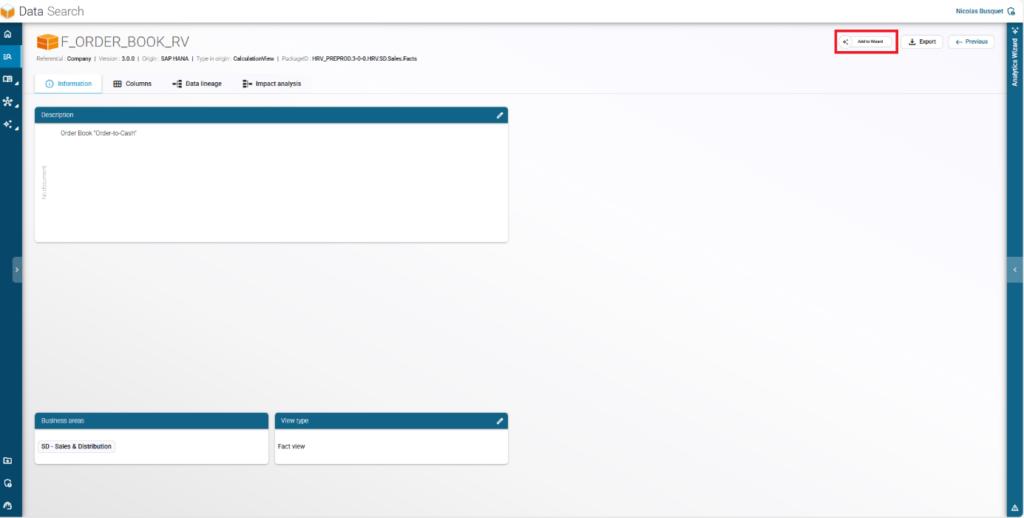 Interface du Smart Repository affichant la vue F_ORDER_BOOK_RV glissée dans la zone d’analyse.