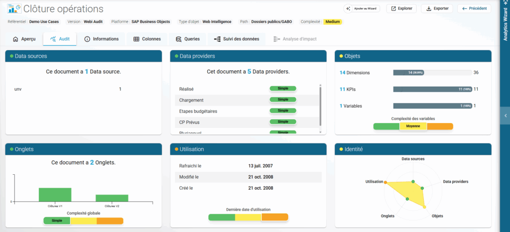 Analysez la structure de vos documents WebI : sources de données, variables et complexité globale pour une clôture d'opérations parfaitement maîtrisée.
