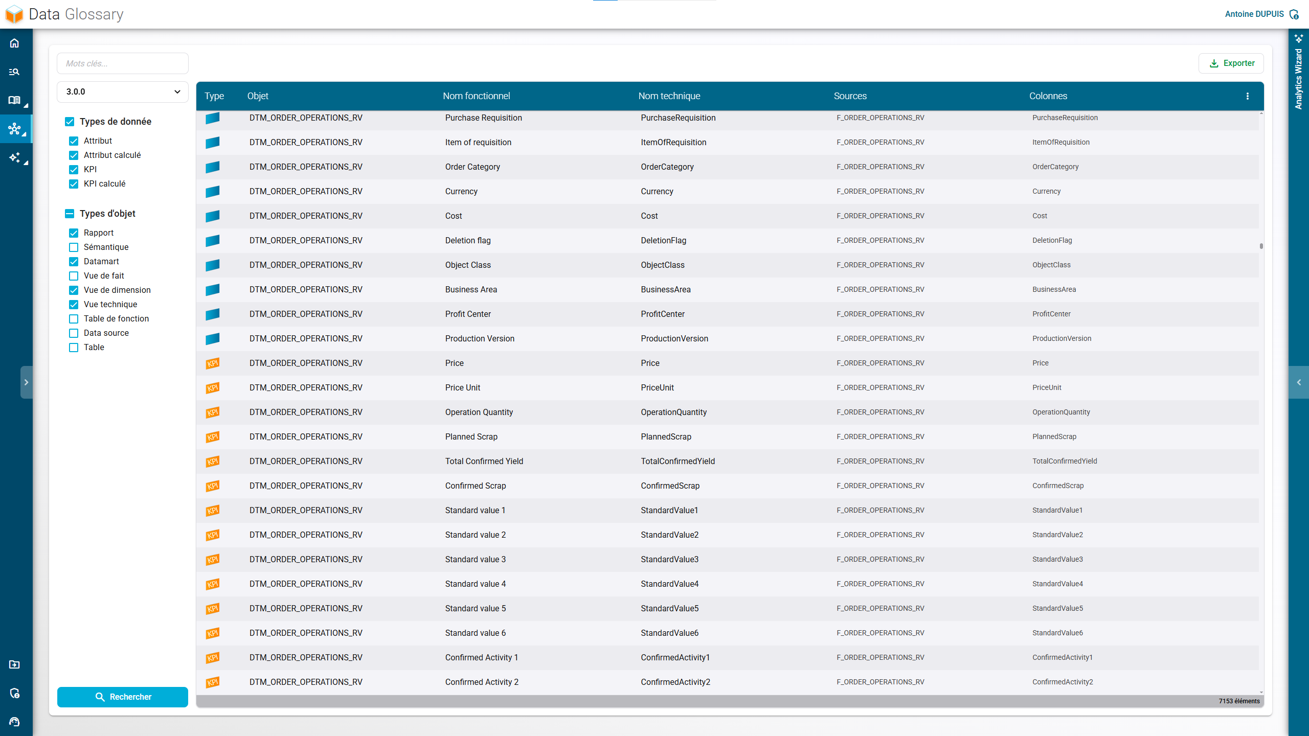 Interface du Data Glossary de RapidViews, glossaire centralisé des termes et objets SAP.