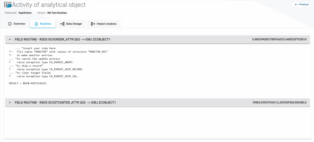 Détail des Field Routines pour l'objet technique ZCOBJECT1, incluant le code source des règles de transformation.