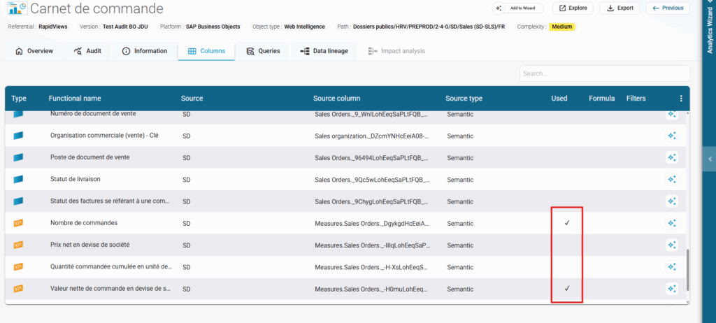 Vérifiez l'utilisation réelle de vos colonnes et KPI dans vos rapports WebI pour optimiser vos documents.
