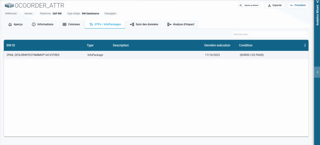 Suivi des exécutions et des conditions de filtrage pour les InfoPackages liés aux DataSources SAP BW.