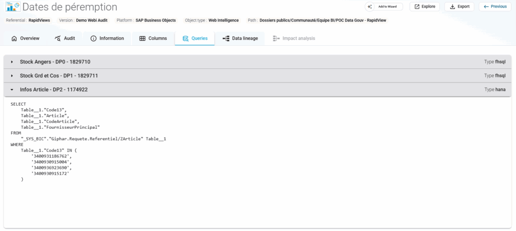 Exploration simplifiée de l'arborescence technique de vos données SAP BW pour un audit rapide.