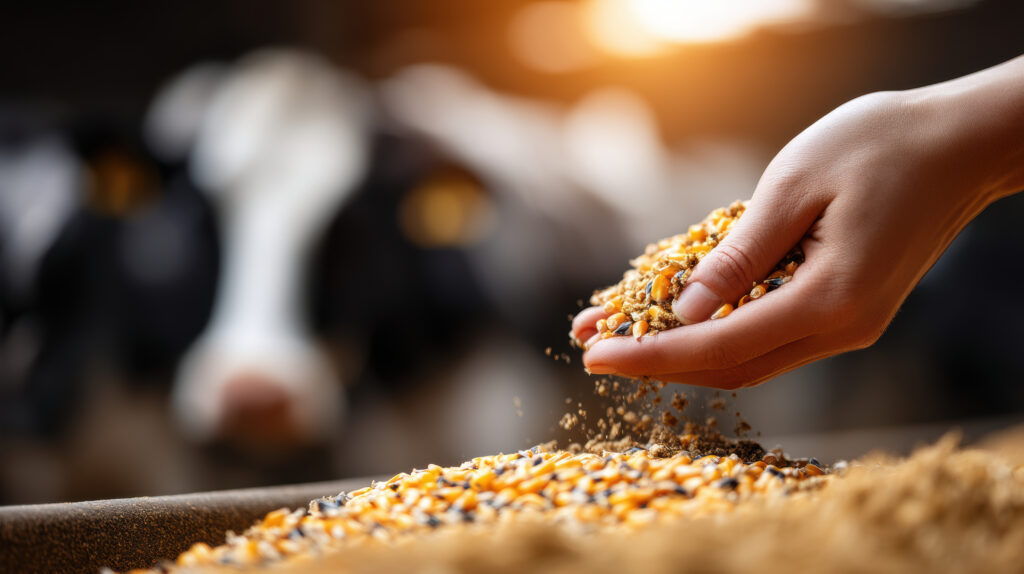 Main d'un agriculteur tenant des graines d'aliments pour bétail, illustrant le secteur de la nutrition animale d'Adisseo.