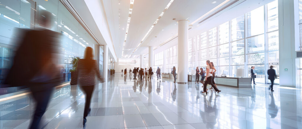 Silhouette de personnes marchant dans un hall d'exposition ou de congrès lumineux, représentant le secteur événementiel d'Edel.