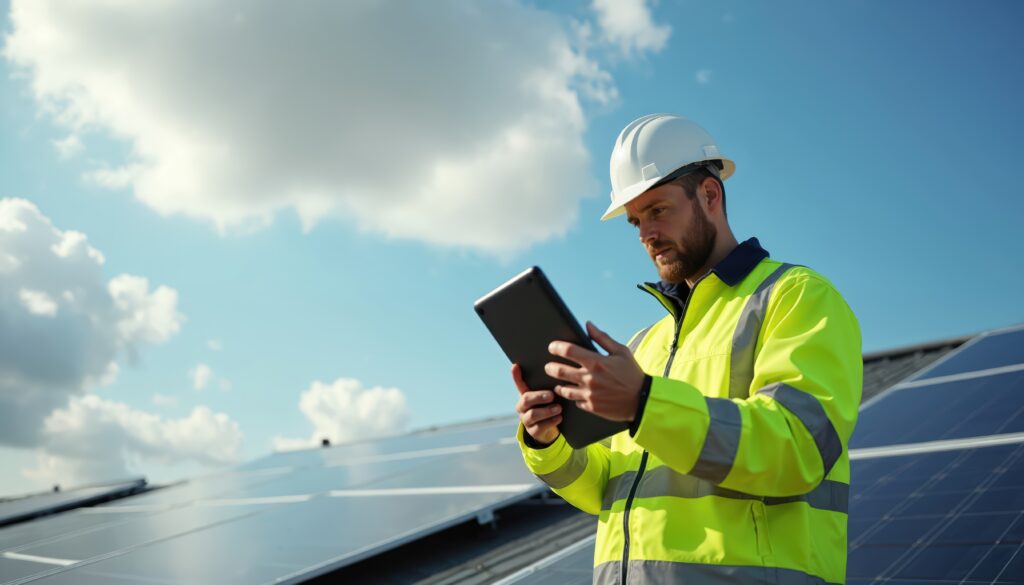 Technicien équipé d'une tablette devant des panneaux solaires photovoltaïques sous un ciel bleu pour Engie.