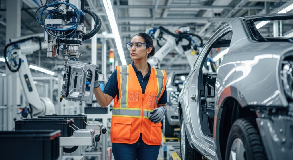 Opératrice de production travaillant sur la ligne d'assemblage d'un véhicule automobile dans une usine Forvia.