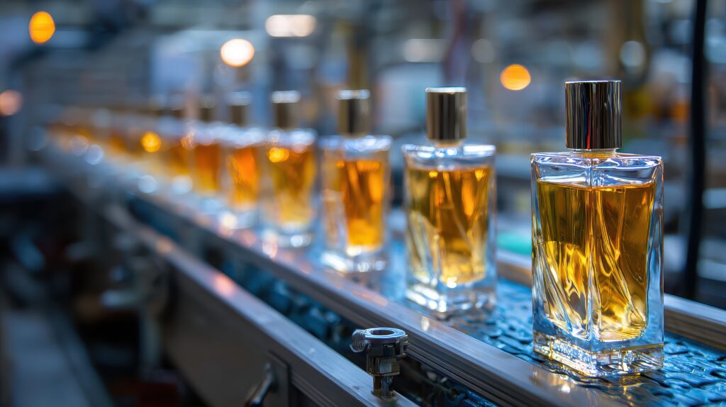 Flacons de produits de beauté et de soins Guinot défilant sur une chaîne de production automatisée.
