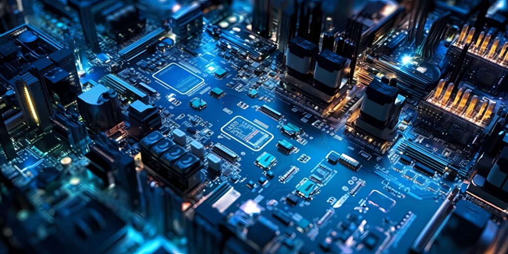 Plan rapproché sur un circuit imprimé et des puces électroniques semi-conductrices de haute technologie Infineon.