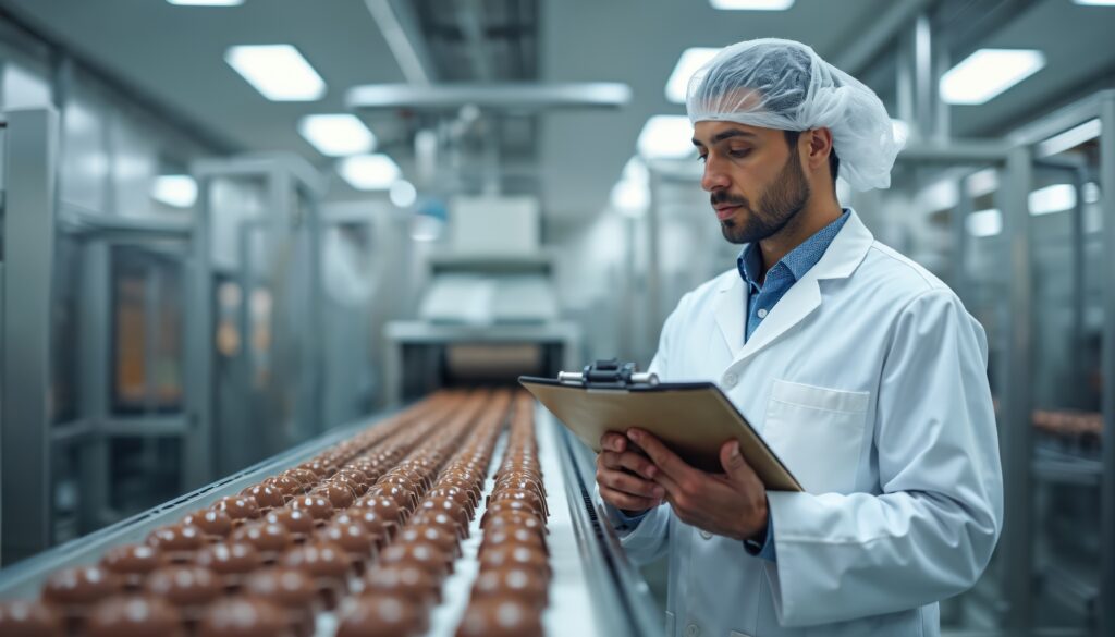 Chocolatier en blouse blanche contrôlant la qualité de chocolats sur une ligne de production Lindt.