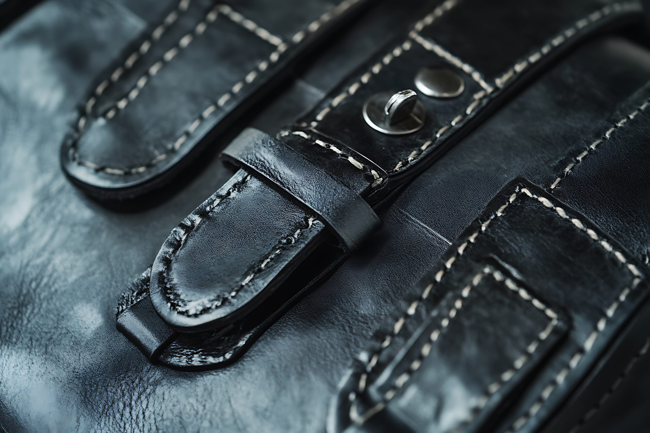 Gros plan sur les détails de coutures et de boucles en cuir noir d'un sac de luxe haut de gamme.