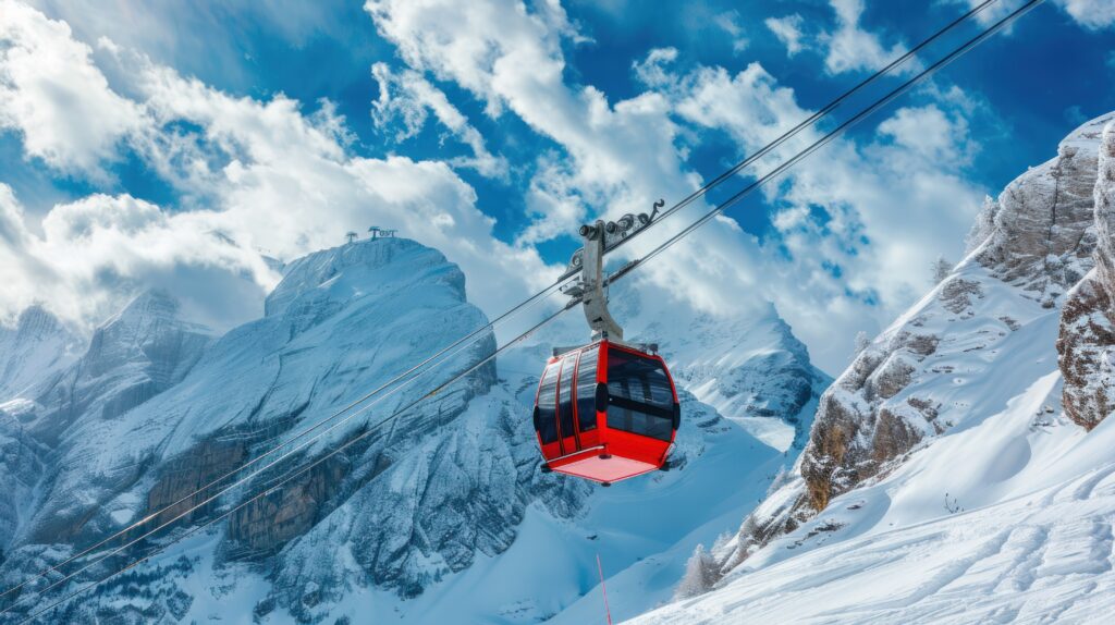 Cabine de téléphérique rouge survolant des montagnes enneigées sous un grand soleil pour Poma.