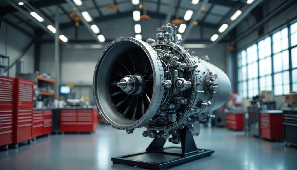 Turboréacteur d'avion de ligne exposé dans un hangar de maintenance aéronautique de Safran.