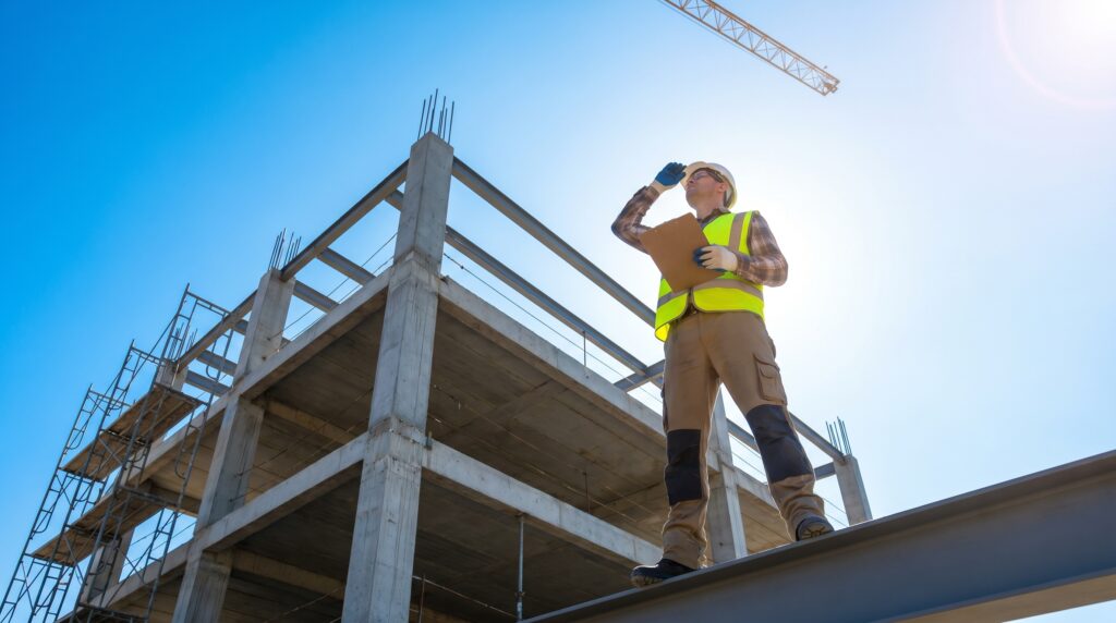 Ouvrier de chantier en gilet réfléchissant inspectant une structure en béton en construction pour Saint-Gobain.