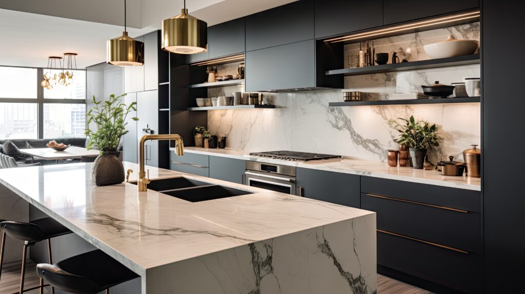 Cuisine équipée moderne avec îlot central noir et finitions en bois design de la marque Schmidt.