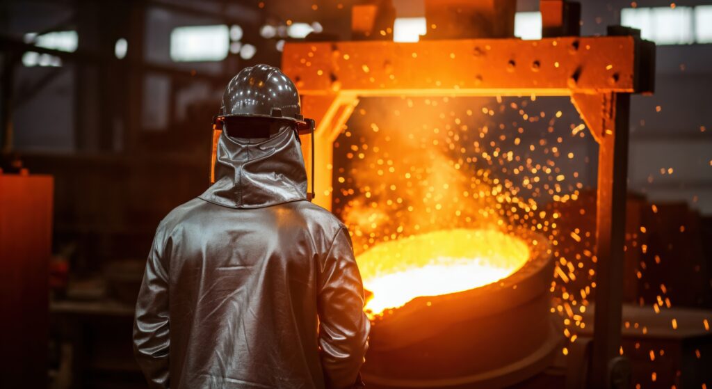 Métallurgiste en tenue de protection observant le coulage de métal en fusion dans une fonderie industrielle Soucy.