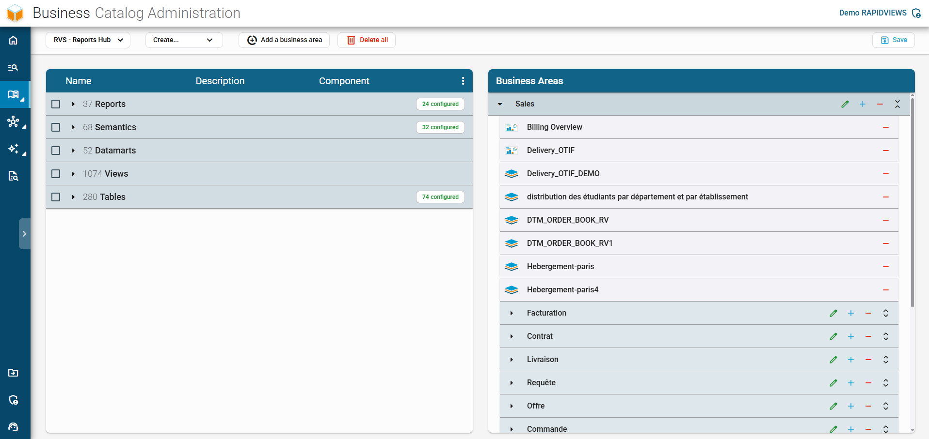 RapidViews Business Catalog administration screen for the technical configuration and management of business areas.