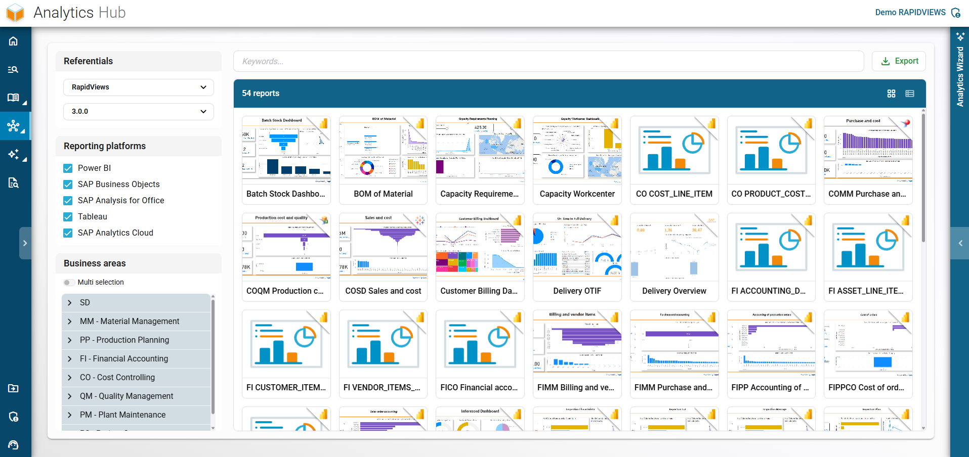 Overview of the RapidViews Analytics Hub displaying a gallery of BI reports filterable by platform and business area.