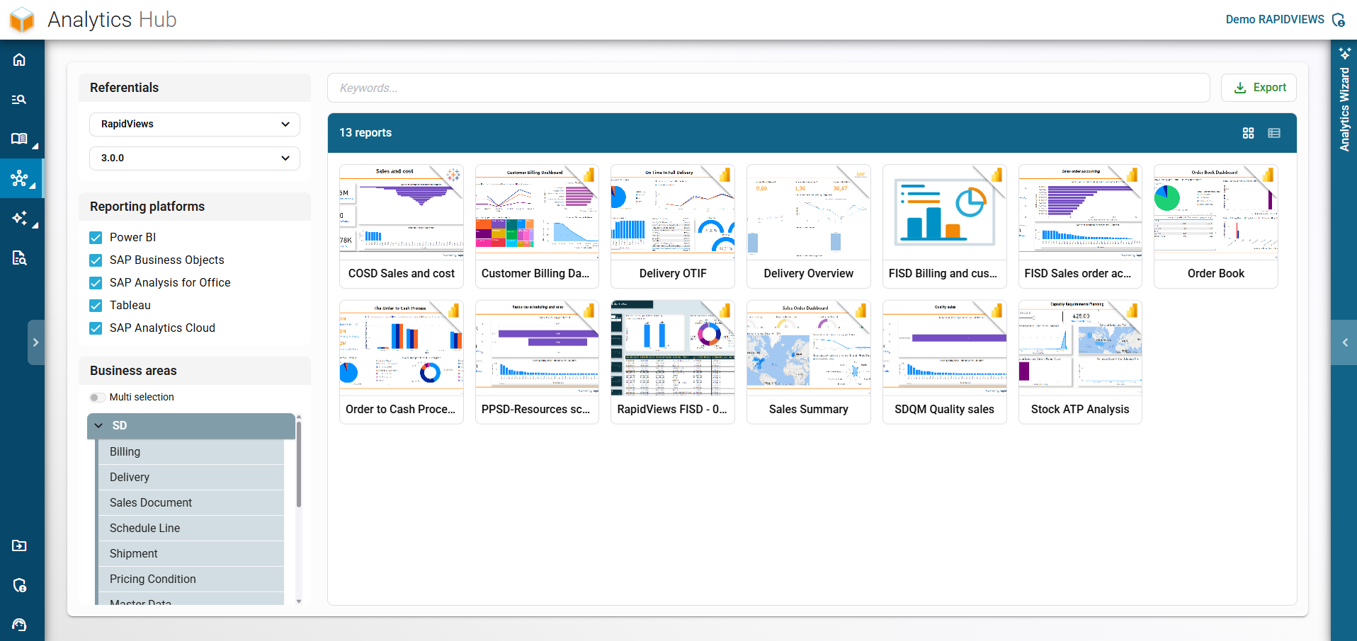 Using business area filters in the RapidViews Analytics Hub to precisely refine the search for reports.