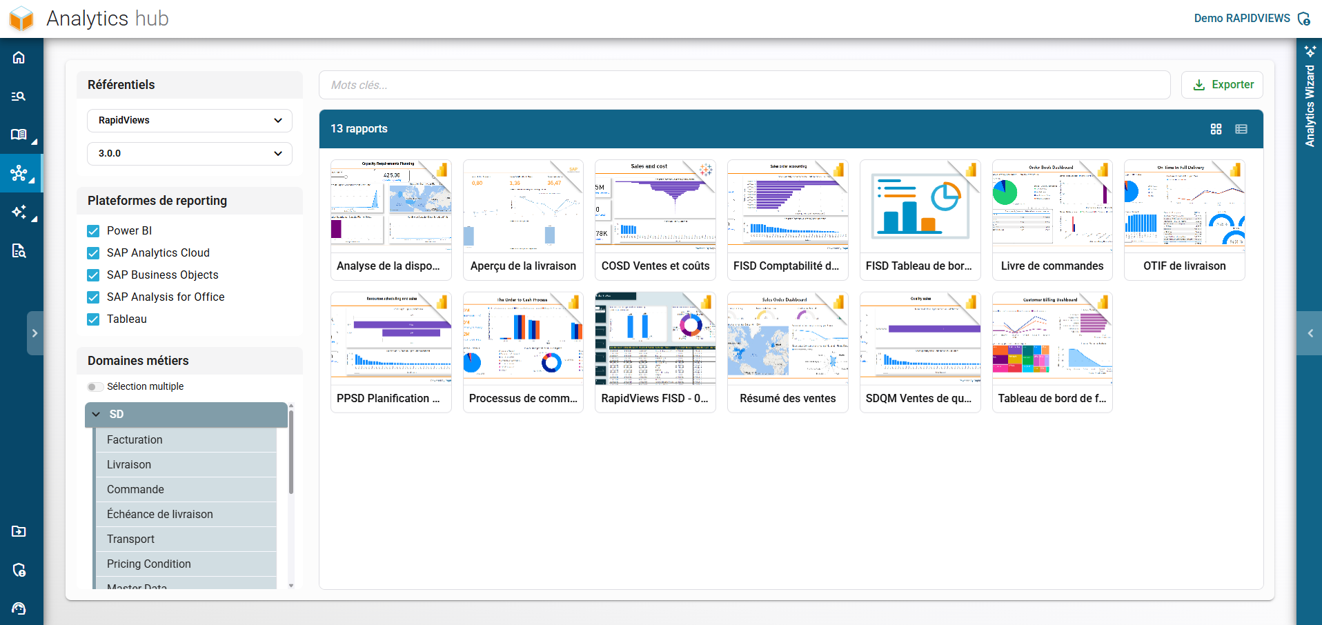 Utilisation des filtres par domaine métier dans le Analytics Hub de RapidViews pour affiner précisément la recherche de rapports.