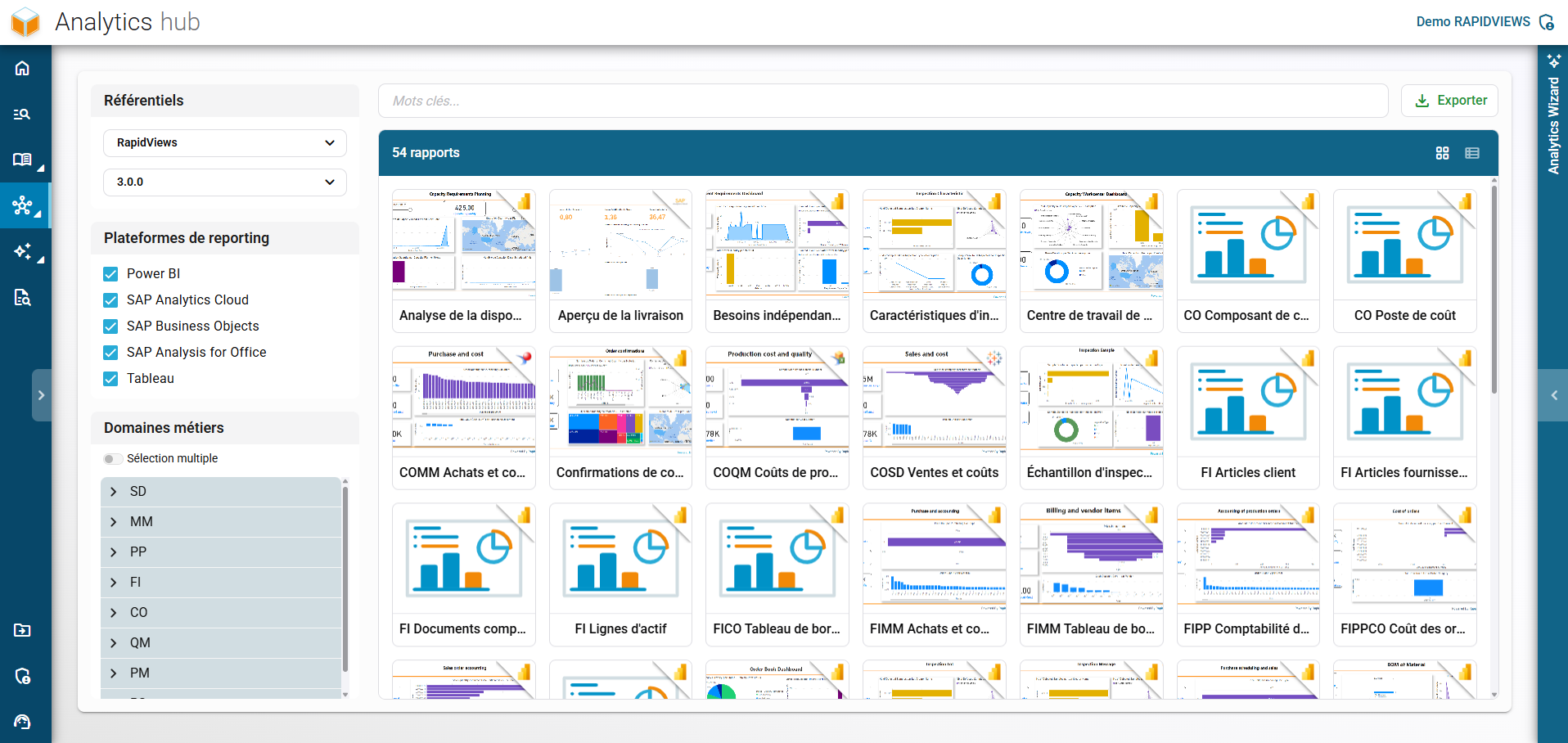 Vue d'ensemble du Analytics Hub de RapidViews affichant une galerie de rapports BI filtrables par plateforme et domaine métier