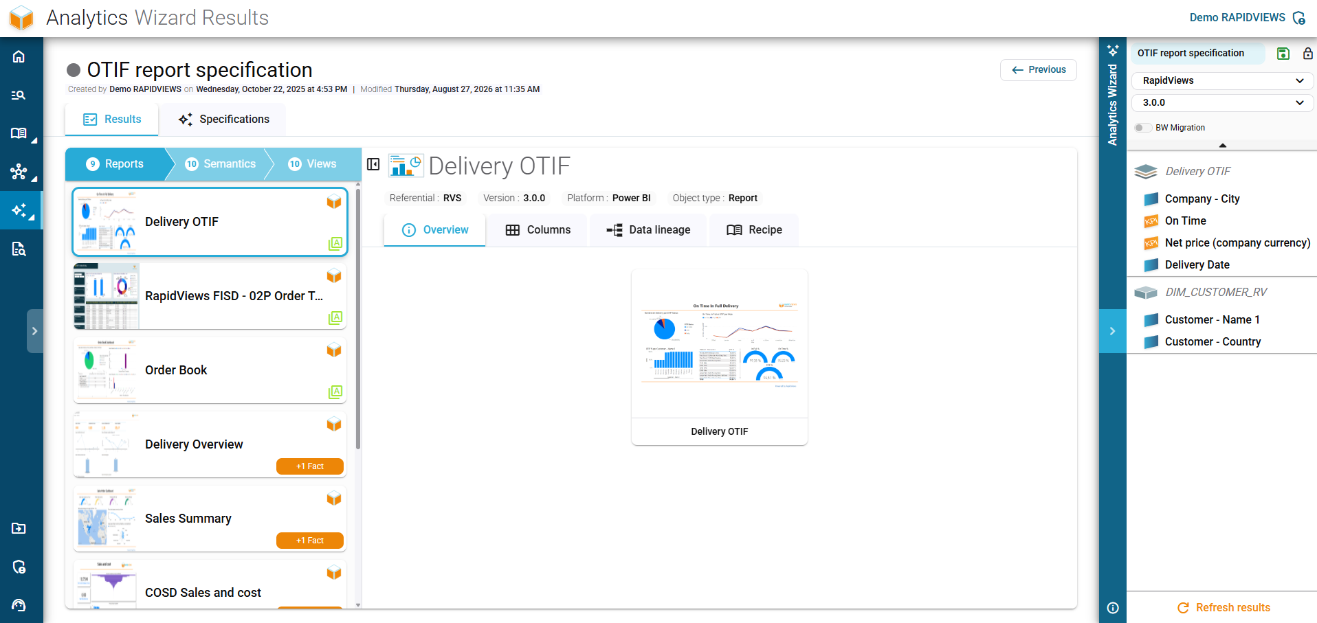 Overview of the Delivery OTIF report in the Analytics Wizard, displaying its visual preview and key metadata.