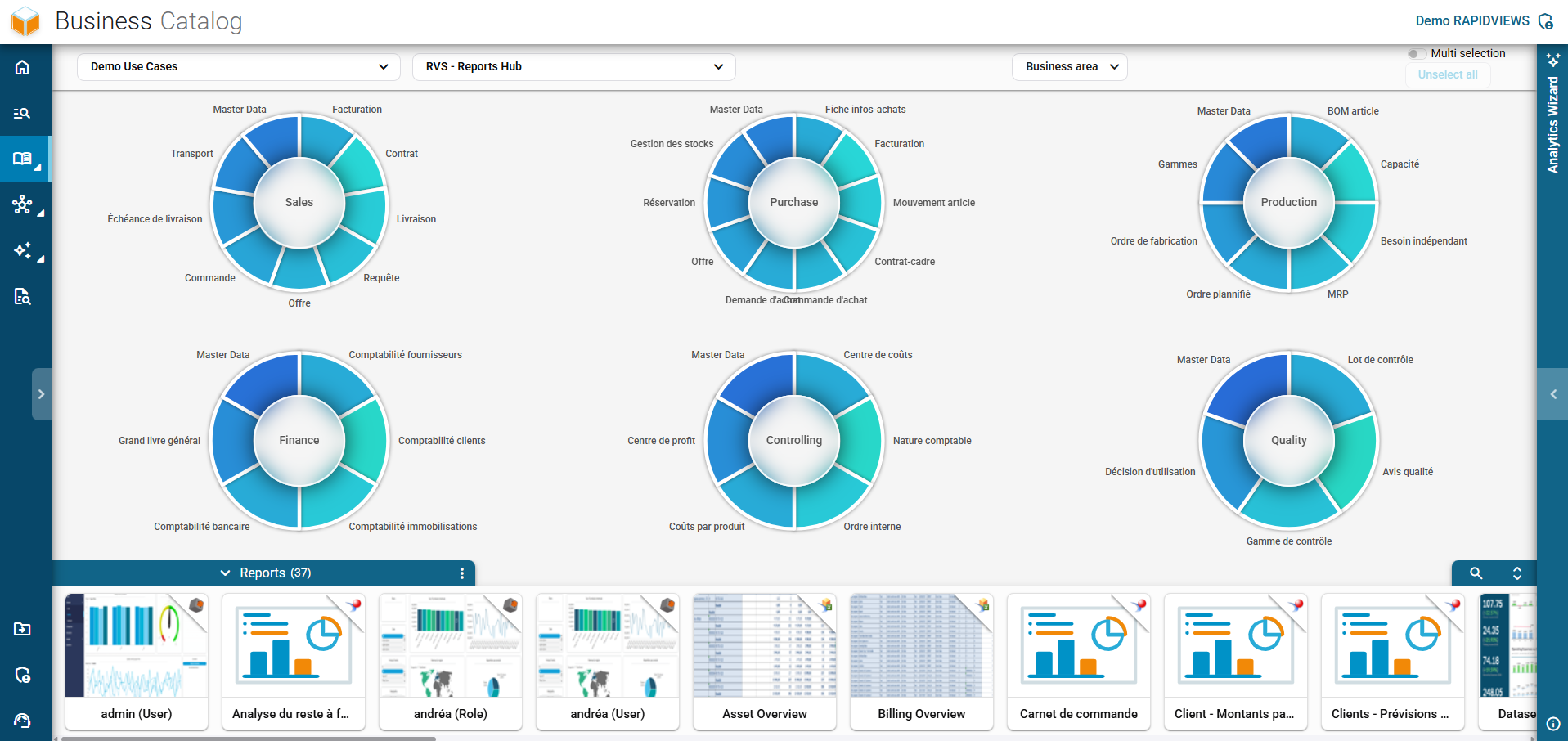 Main view of the RapidViews Business Catalog displaying the interactive distribution of reports by business areas.