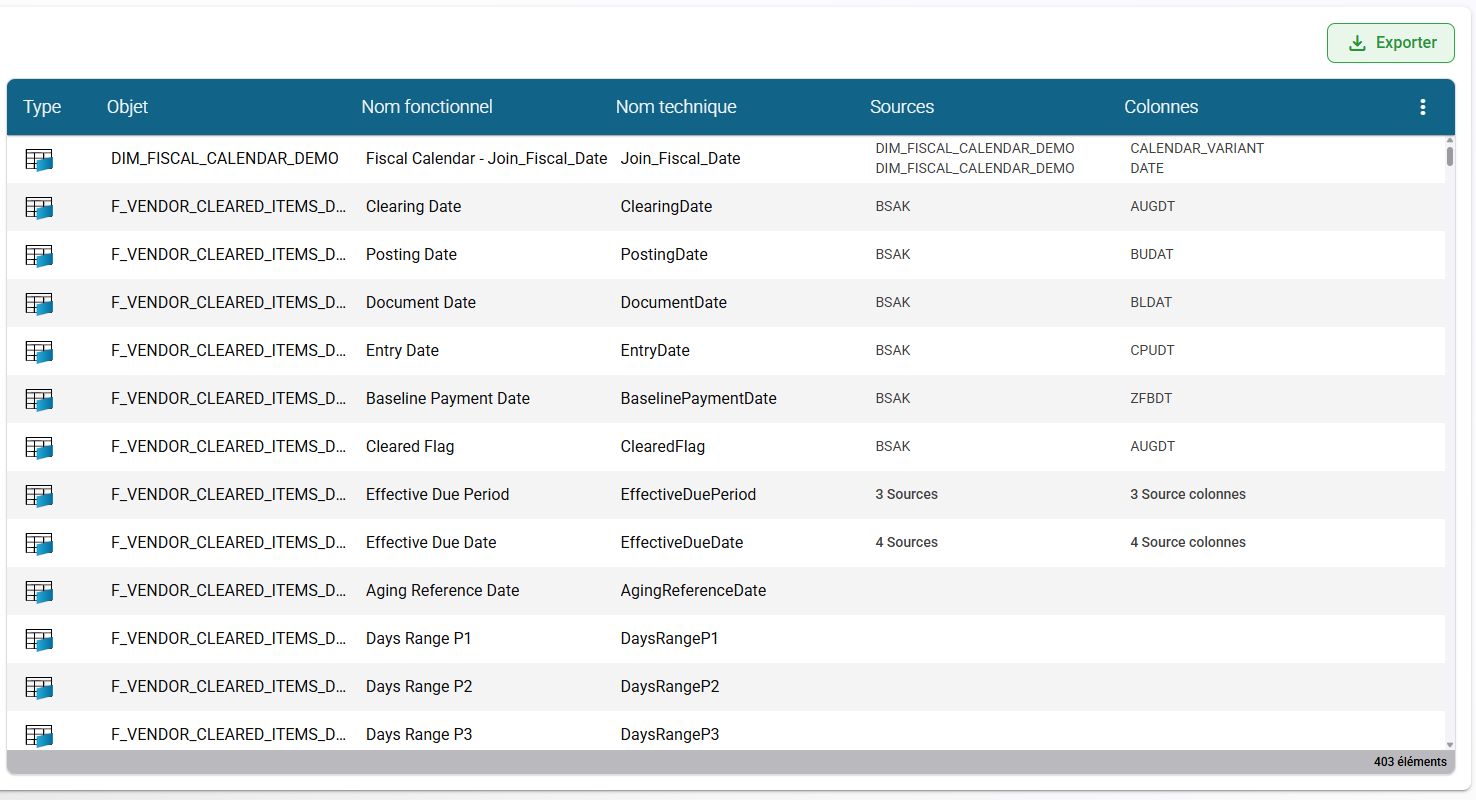 Fonctionnalité d'exportation du Data Glossary de RapidViews permettant d'extraire facilement la liste des métadonnées techniques et fonctionnelles.