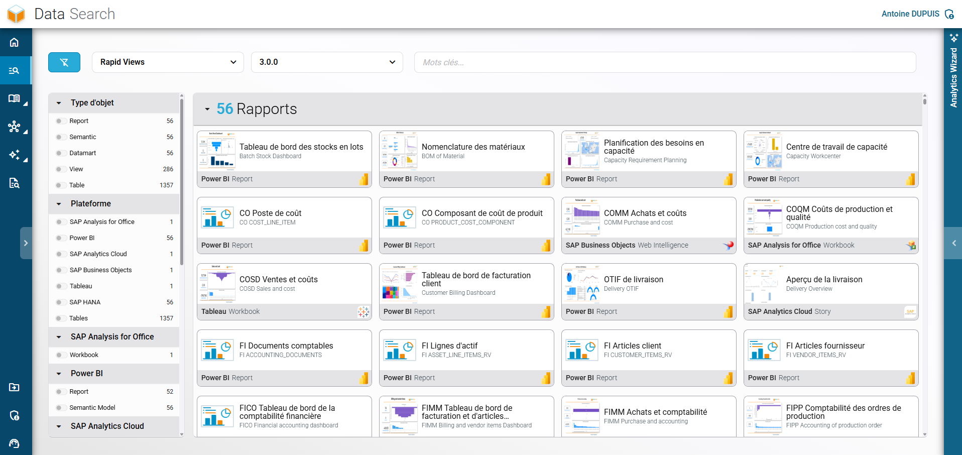 Interface de recherche avancée Data Search de RapidViews combinant une requête par mot-clé avec des filtres latéraux par type d'objet et plateforme.