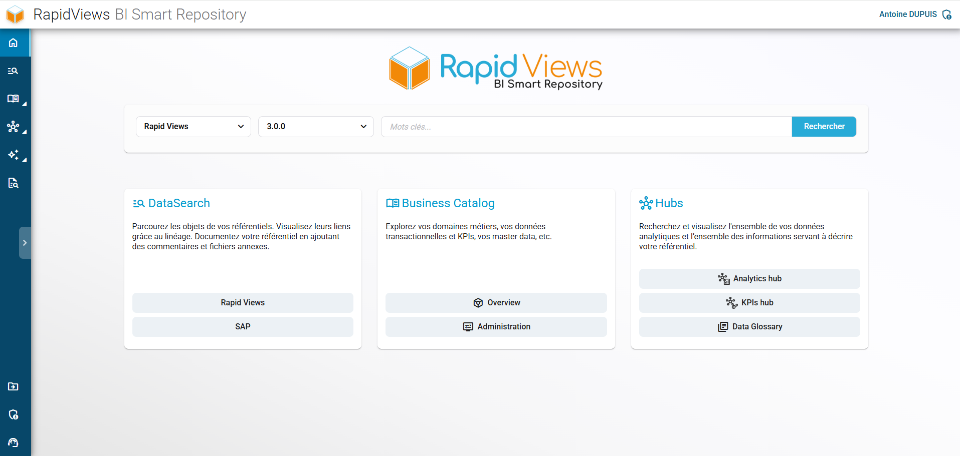 Page d'accueil du BI Smart Repository de RapidViews donnant accès à la recherche globale, au catalogue métier et aux hubs d'analyse.
