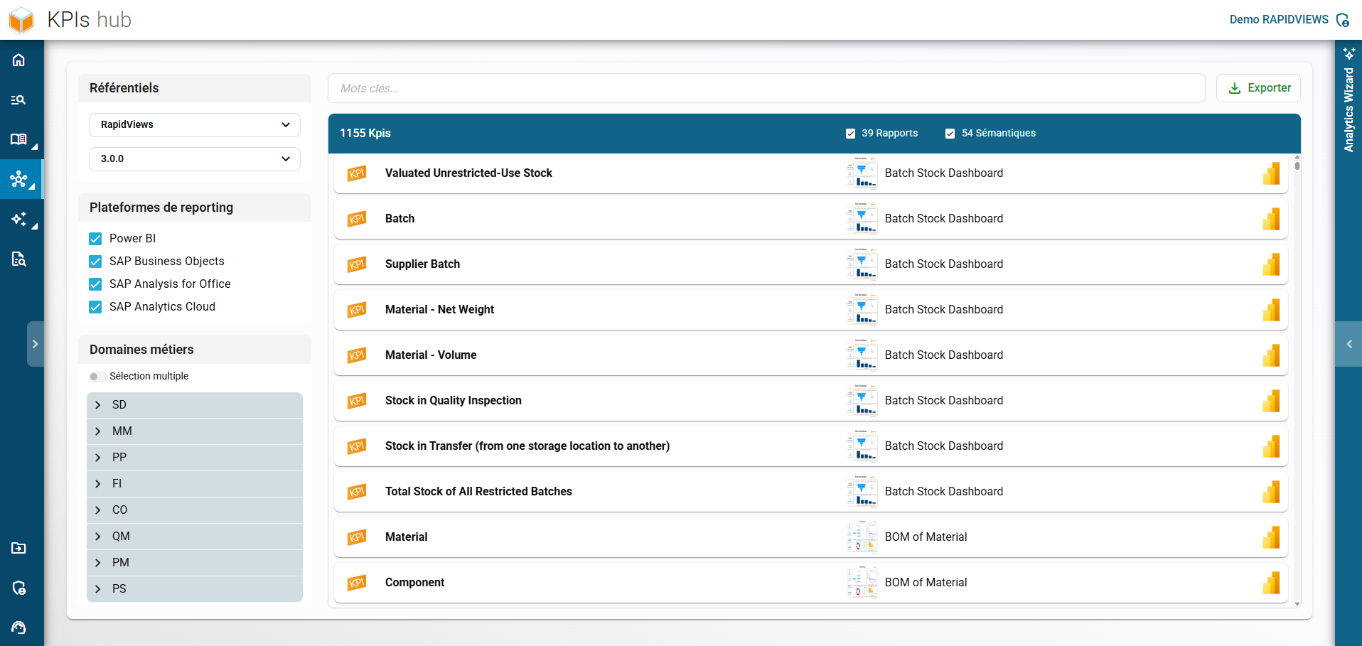 Interface du KPIs Hub de RapidViews listant les indicateurs clés de performance avec leurs rapports et modèles sémantiques associés.
