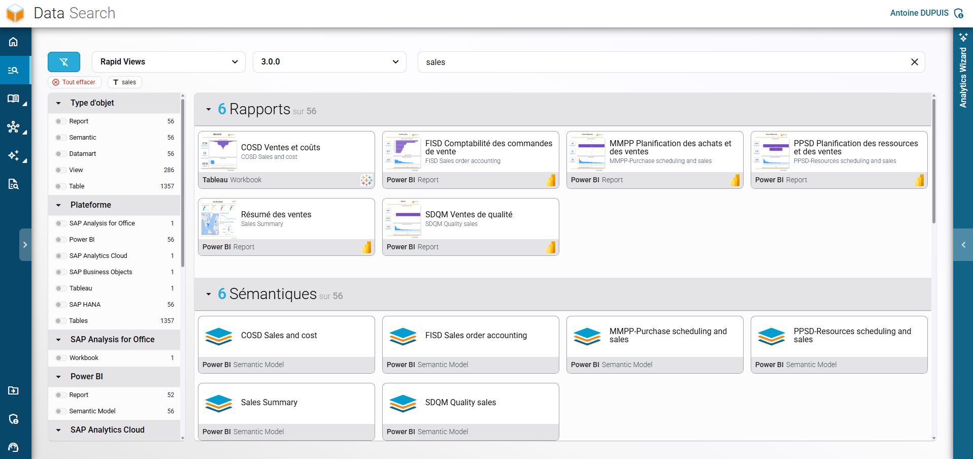 Keyword search results in RapidViews, sorting relevant reports and semantic models based on selected filters.